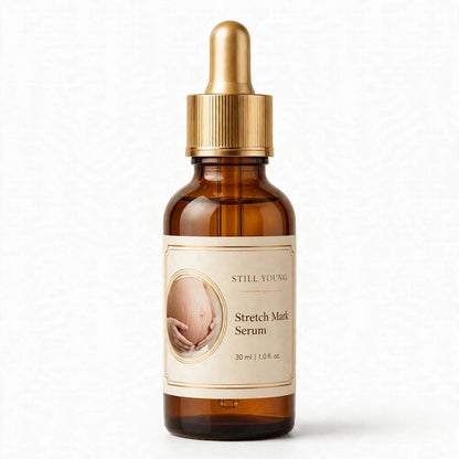 Still Young Stretch Mark Serum 30ml amber bottle with gold dropper cap, front view on white background