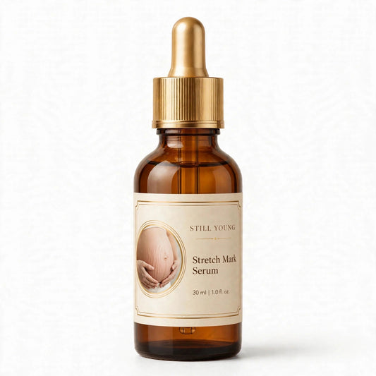 Still Young Stretch Mark Serum 30ml amber bottle with gold dropper cap, front view on white background